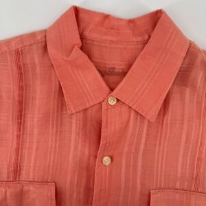 Tommy Bahama Button Up Shirt Mens Large Coral Pink 100% Linen Textured Stripe